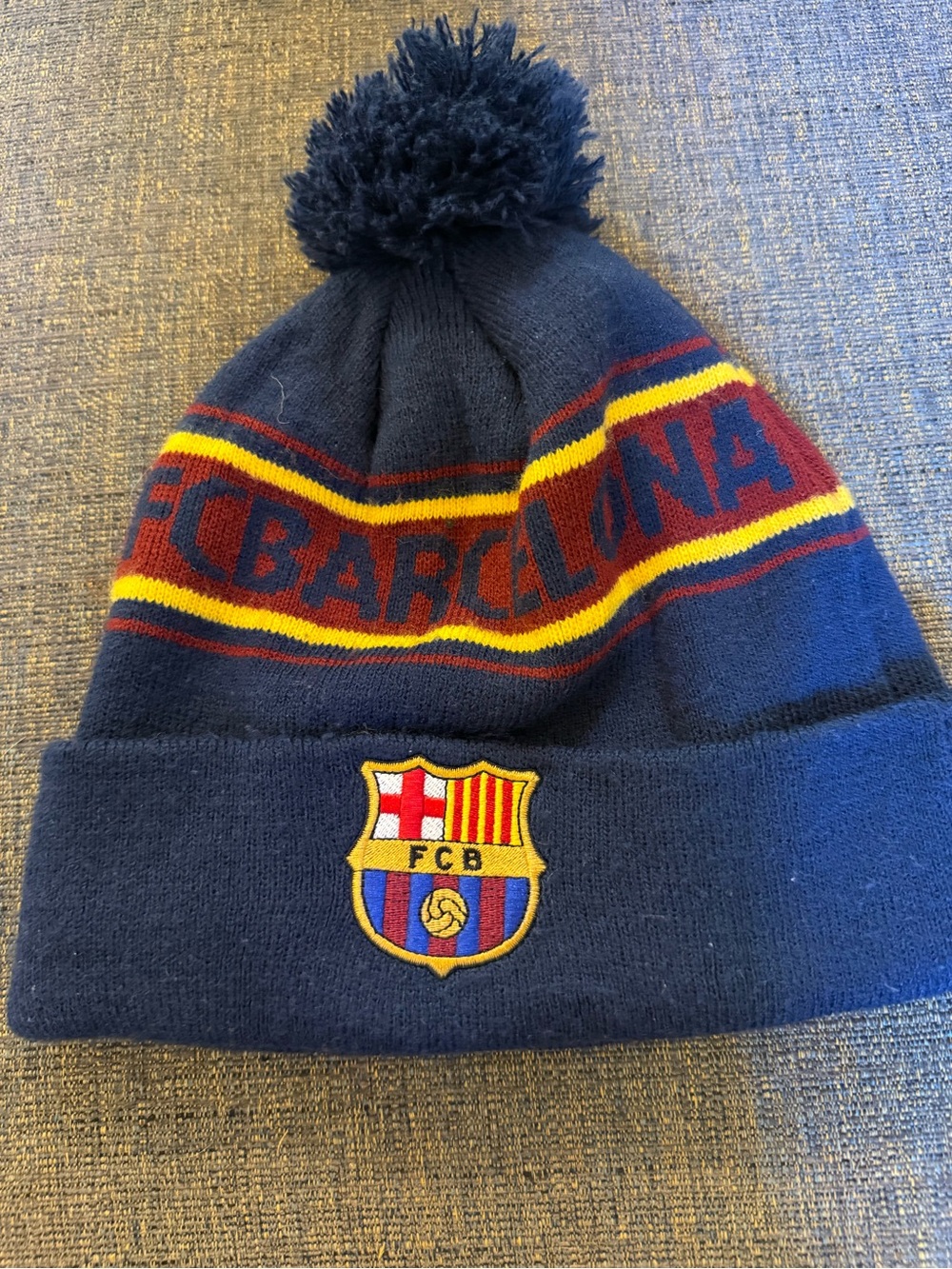 FC Barcelona Navy Pom Beanie Hat with Embroidered Crest